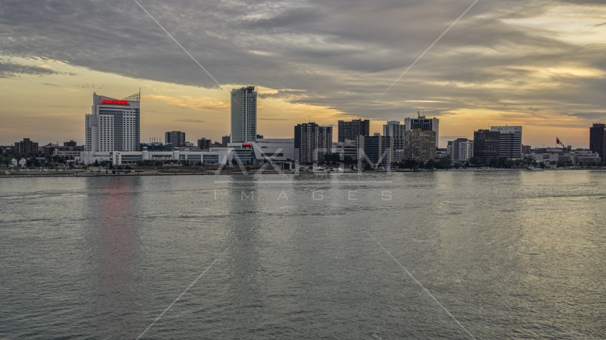 View across the river at the skyline, Windsor, Ontario, Canada, sunset Aerial Stock Photo DXP002_192_0011 | Axiom Images