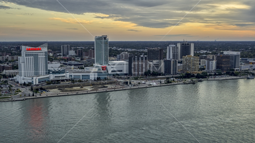 The city's skyline across the Detroit River, Windsor, Ontario, Canada, sunset Aerial Stock Photo DXP002_192_0012 | Axiom Images