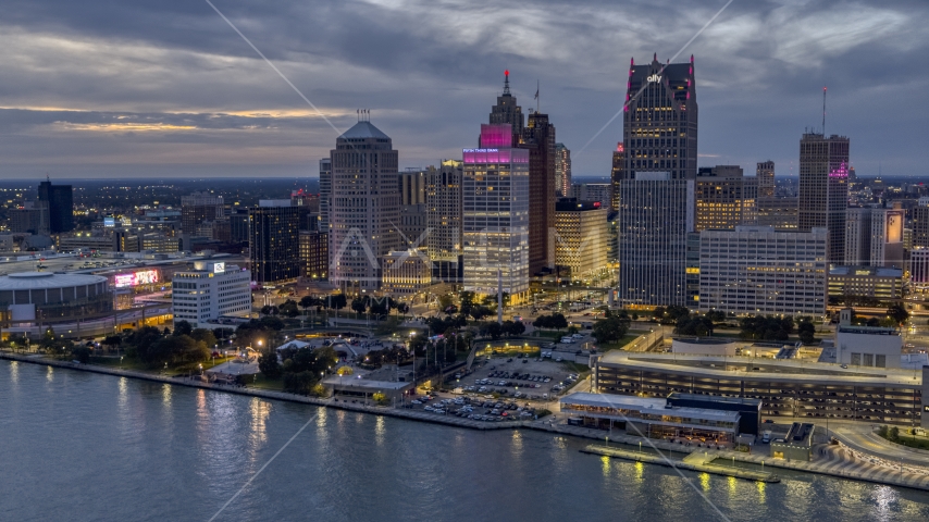 Tall downtown skyscrapers at twilight, Downtown Detroit, Michigan Aerial Stock Photo DXP002_193_0002 | Axiom Images