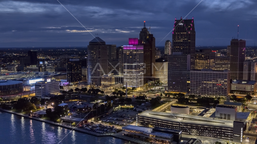 One Woodward Avenue and neighboring skyscrapers at twilight, Downtown Detroit, Michigan Aerial Stock Photo DXP002_193_0007 | Axiom Images