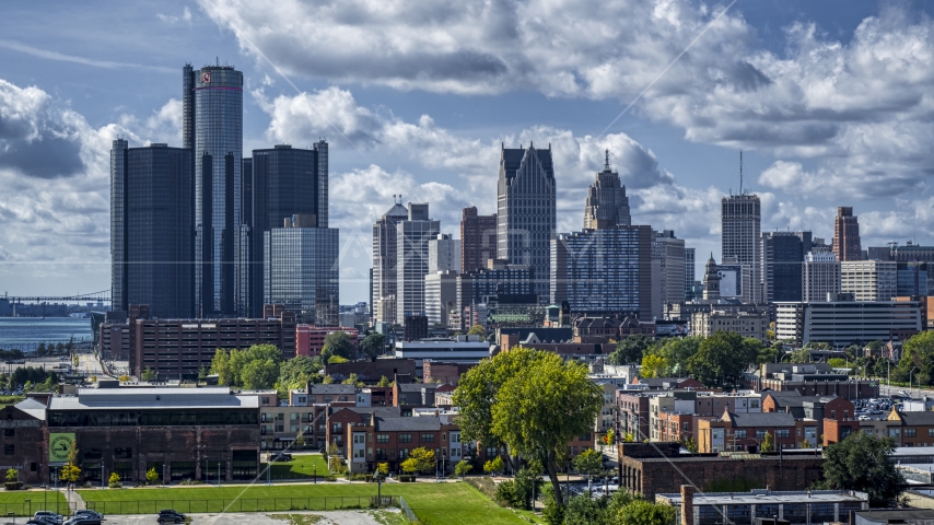 The towering GM Renaissance Center and the skyline in Downtown Detroit, Michigan Aerial Stock Photo DXP002_194_0006 | Axiom Images