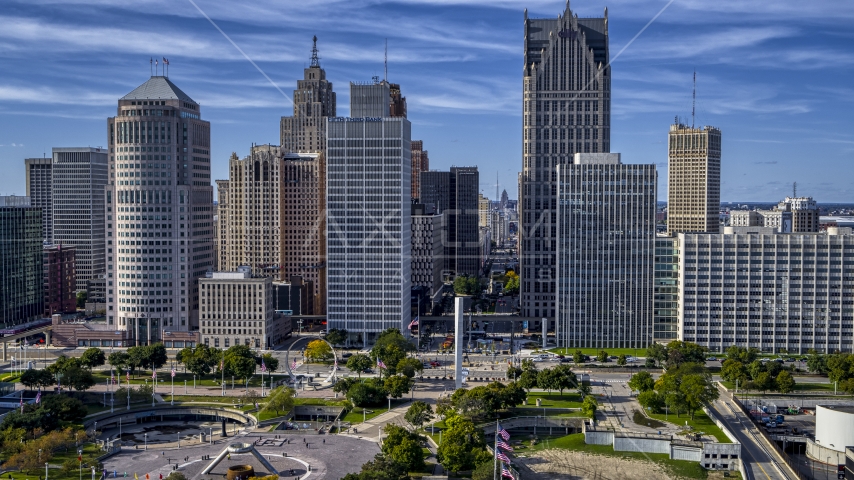 Towering skyscrapers across from Hart Plaza, Downtown Detroit, Michigan Aerial Stock Photo DXP002_196_0001 | Axiom Images