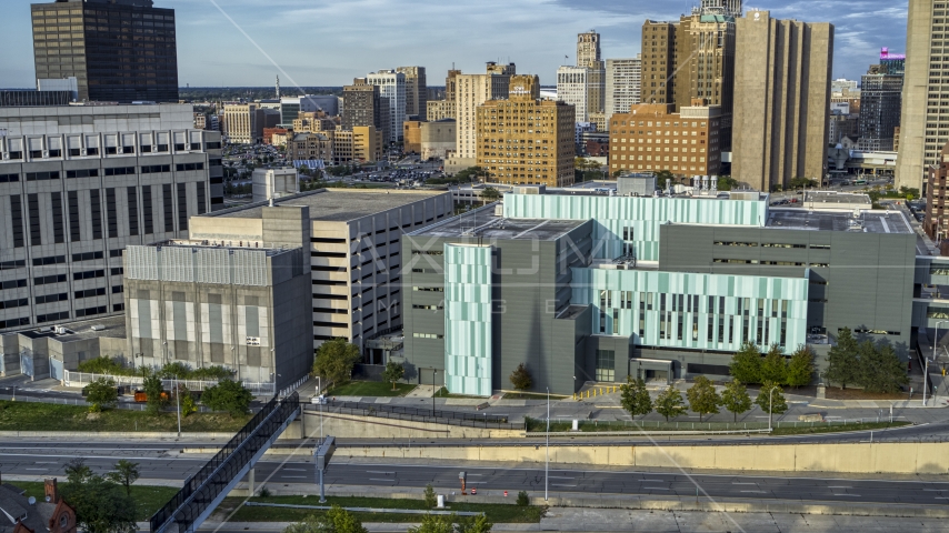 The Detroit Public Safety Headquarters in Downtown Detroit, Michigan Aerial Stock Photo DXP002_196_0008 | Axiom Images