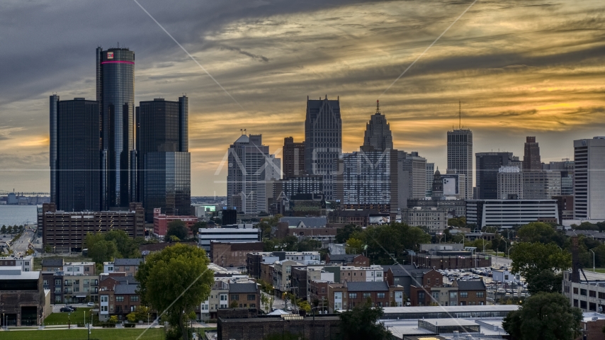 The GM Renaissance Center and the city's skyline at sunset, Downtown Detroit, Michigan Aerial Stock Photo DXP002_197_0004 | Axiom Images