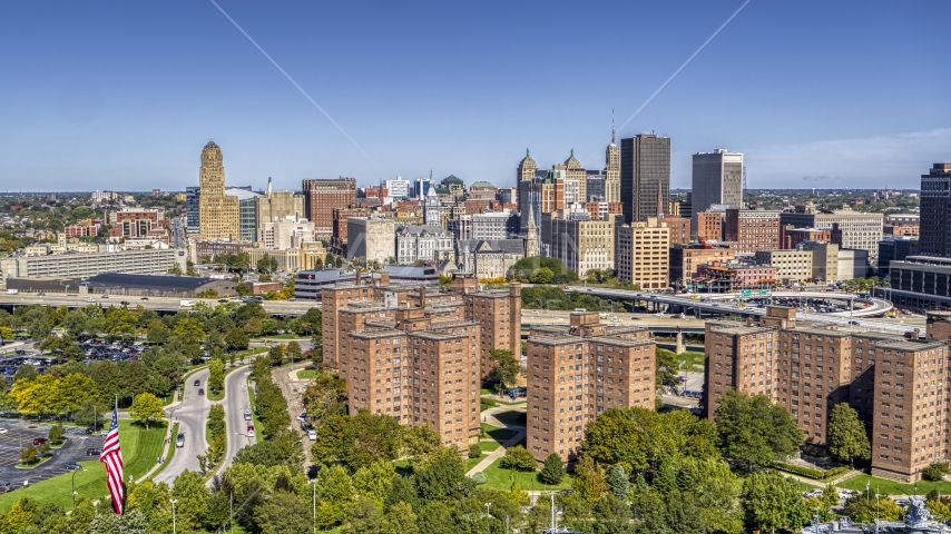 Skyline seen from apartment buildings, Downtown Buffalo, New York Aerial Stock Photo DXP002_200_0003 | Axiom Images