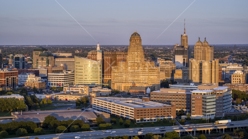 City hall at sunset, Downtown Buffalo, New York Aerial Stock Photo DXP002_204_0003 | Axiom Images