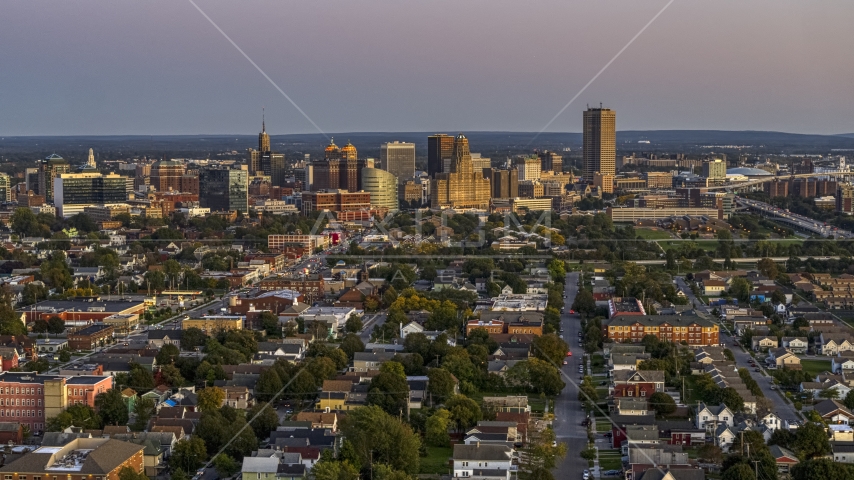 Seneca One Tower and the city's skyline at twilight, Downtown Buffalo, New York Aerial Stock Photo DXP002_204_0016 | Axiom Images