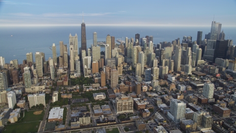 AX0001_056.0000342F - Aerial stock photo of Downtown Chicago skyscrapers on a cloudy day, Illinois