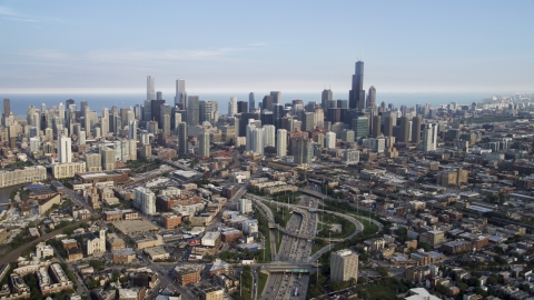 AX0001_064.0000381F - Aerial stock photo of The city's skyline seen from Interstate 90 and 94,  Downtown Chicago, Illinois