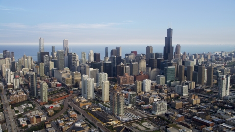 AX0001_066.0000000F - Aerial stock photo of A view of tall Downtown Chicago skyscrapers, Illinois