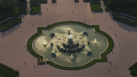 AX0001_097.0000275F - Aerial stock photo of A view of Buckingham Fountain in Grant Park, Chicago, Illinois