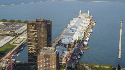 Lake Point Tower and Navy Pier in Downtown Chicago, Illinois Aerial Stock Photos | AX0001_119.0000003F