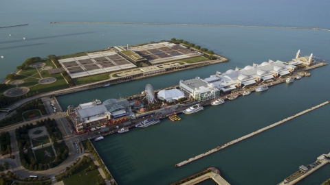 AX0001_121.0000310F - Aerial stock photo of The historic Navy Pier in Lake Michigan, Chicago, Illinois