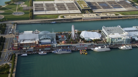 The Ferris Wheel on Navy Pier in Chicago, Illinois Aerial Stock Photos | AX0001_122.0000069F