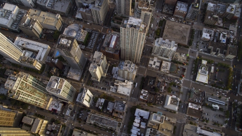 AX0001_134.0000099F - Aerial stock photo of A bird's eye view of city streets and high-rises in Downtown Chicago, Illinois