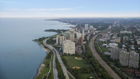 AX0001_158.0000000F - Aerial stock photo of Highway 41 and apartment buildings in Hyde Park, Chicago, Illinois