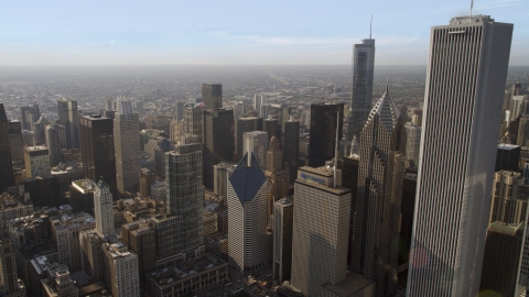 AX0002_008.0000000F - Aerial stock photo of Aon Center and skyscrapers around Chicago River, Downtown Chicago, Illinois