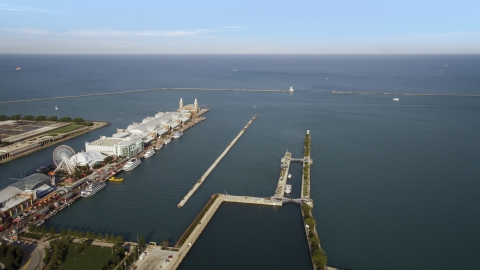 AX0002_043.0000075F - Aerial stock photo of A wide view of Lake Michigan from Navy Pier in Chicago, Illinois