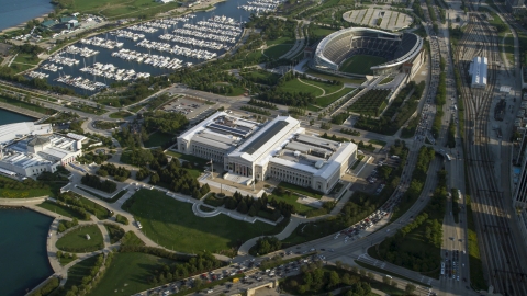 AX0002_082.0000073F - Aerial stock photo of Field Museum of Natural History and Soldier Field, Downtown Chicago, Illinois