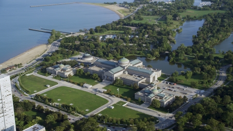 AX0002_096.0000460F - Aerial stock photo of The Museum of Science and Industry near Lake Michigan, Chicago, Illinois