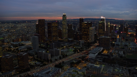 Tall skyscrapers at twilight in Downtown Los Angeles, California Aerial Stock Photos | AX0158_051.0000214