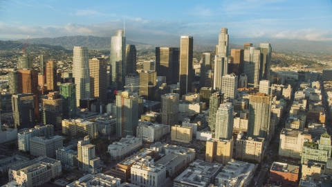 AX0162_007.0000399 - Aerial stock photo of A view of tall skyscrapers in Downtown Los Angeles, California