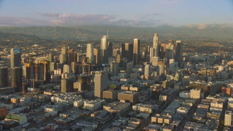 Towering skyscrapers and high-rises in Downtown Los Angeles, California Aerial Stock Photos | AX0162_065.0000110