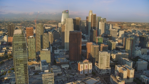 Skyscrapers at sunset in Downtown Los Angeles, California Aerial Stock Photos | AX0162_070.0000088