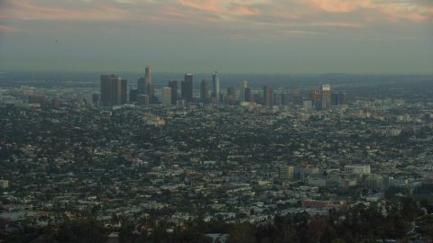 AX0162_106.0000414 - Aerial stock photo of The skyline of Downtown Los Angeles, California at twilight