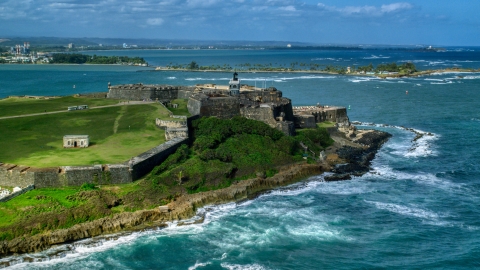 Historic Fort San Felipe del Morro on the coast of Old San Juan, Puerto Rico Aerial Stock Photos | AX101_011.0000142F