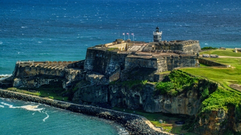 Fort San Felipe del Morro, a Caribbean fort, in Old San Juan, Puerto Rico Aerial Stock Photos | AX101_016.0000189F