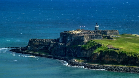 AX101_019.0000000F - Aerial stock photo of Historic Castillo San Felipe del Morro in Old San Juan, Puerto Rico