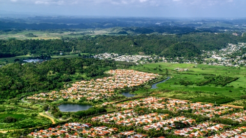 Rural homes among trees and grassy areas, Dorado, Puerto Rico  Aerial Stock Photos | AX101_033.0000283F