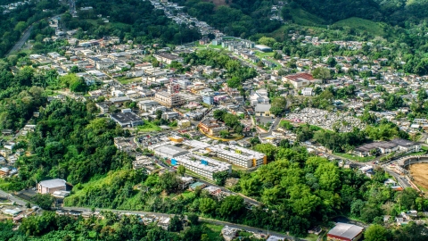 AX101_047.0000000F - Aerial stock photo of Town surrounded by trees, Ciales, Puerto Rico 