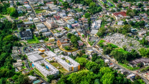 AX101_047.0000197F - Aerial stock photo of The small Caribbean town of Ciales, Puerto Rico 