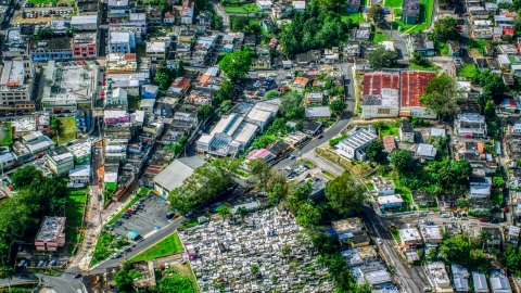 Small town with homes and a cemetary, Ciales, Puerto Rico  Aerial Stock Photos | AX101_048.0000084F