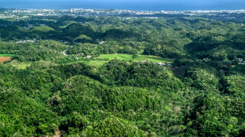 AX101_128.0000000F - Aerial stock photo of Tree covered hills and rural homes near the coast, Arecibo, Puerto Rico 