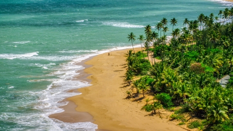 A couple strolling on the beach by turquoise water, Loiza, Puerto Rico Aerial Stock Photos | AX102_024.0000000F