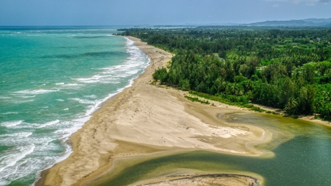 Jungle by an empty beach and turquoise waters, Loiza, Puerto Rico  Aerial Stock Photos | AX102_030.0000252F