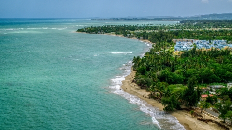 AX102_035.0000049F - Aerial stock photo of A tree lined beach and crystal turquoise waters near condos in Loiza, Puerto Rico