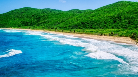 AX102_116.0000269F - Aerial stock photo of Waves rolling toward a Caribbean beach with lush vegetation, Culebra, Puerto Rico 