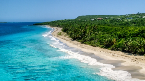 AX102_130.0000151F - Aerial stock photo of Waves rolling toward a Caribbean island beach with palm trees, Culebra, Puerto Rico 