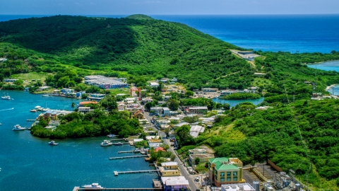 Small shops in a coastal town in Culebra, Puerto Rico Aerial Stock Photos | AX102_145.0000055F