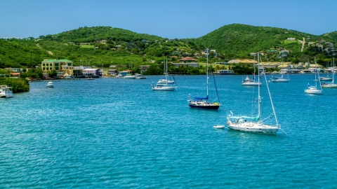 Sailboats in the harbor near the small island town in Culebra, Puerto Rico Aerial Stock Photos | AX102_162.0000091F