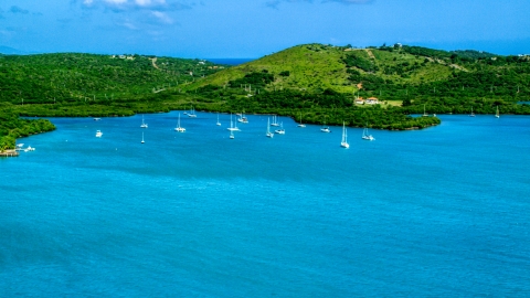 Sailboats anchored by a Caribbean island coast, Culebra, Puerto Rico Aerial Stock Photos | AX102_168.0000000F