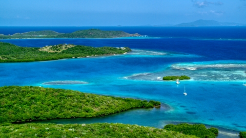 Boats anchored off the Caribbean island coast in Culebra, Puerto Rico Aerial Stock Photos | AX102_171.0000213F