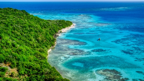 AX102_185.0000123F - Aerial stock photo of Sailboat anchored by reefs and a tree filled island coast, Culebrita, Puerto Rico 