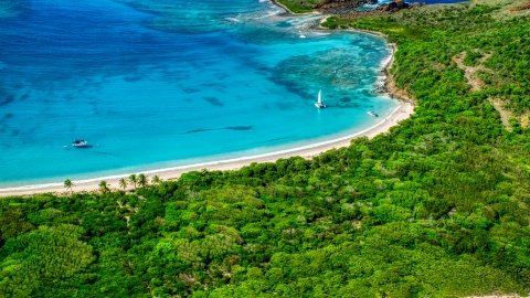 AX102_187.0000283F - Aerial stock photo of Catamarans by a tropical Caribbean island beach, Culebrita, Puerto Rico