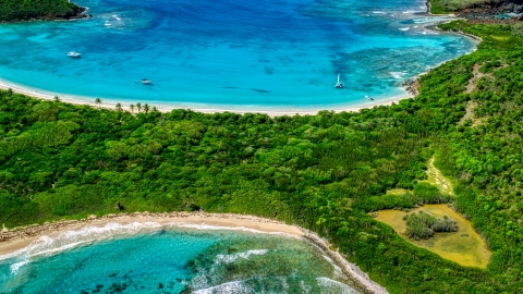 AX102_188.0000218F - Aerial stock photo of White sand Caribbean beaches, catamarans, and turquoise water in Culebrita, Puerto Rico