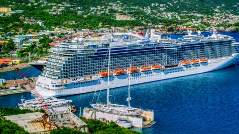 Cruise ship docked in Charlotte Amalie, St. Thomas, US Virgin Islands Aerial Stock Photos | AX102_202.0000435F